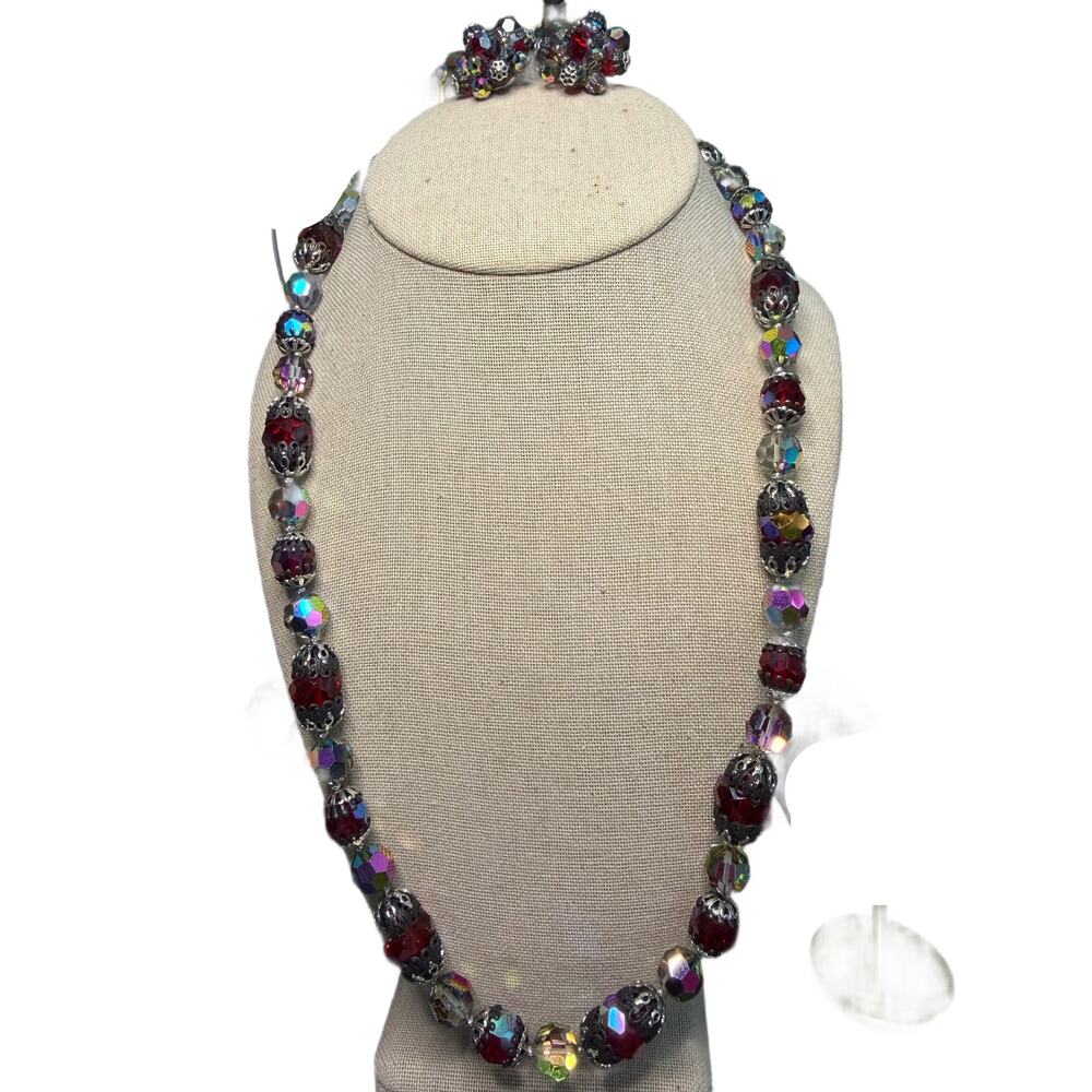 Vintage Vendome Faceted Red Glass & Aurora Borealis Glass Bead Jewelry set